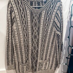 T.J.Maxx Oversize Cable Knit Crewneck Sweater with Elbow Patches - Black & Cream